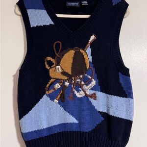 Vintage Navy Blue Knit Sweater Vest with Equestrian Design - Size Medium